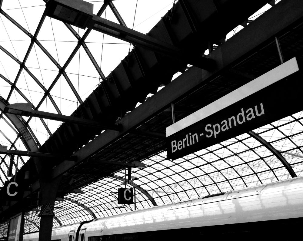 Berlin Spandau Railway Station in black and white