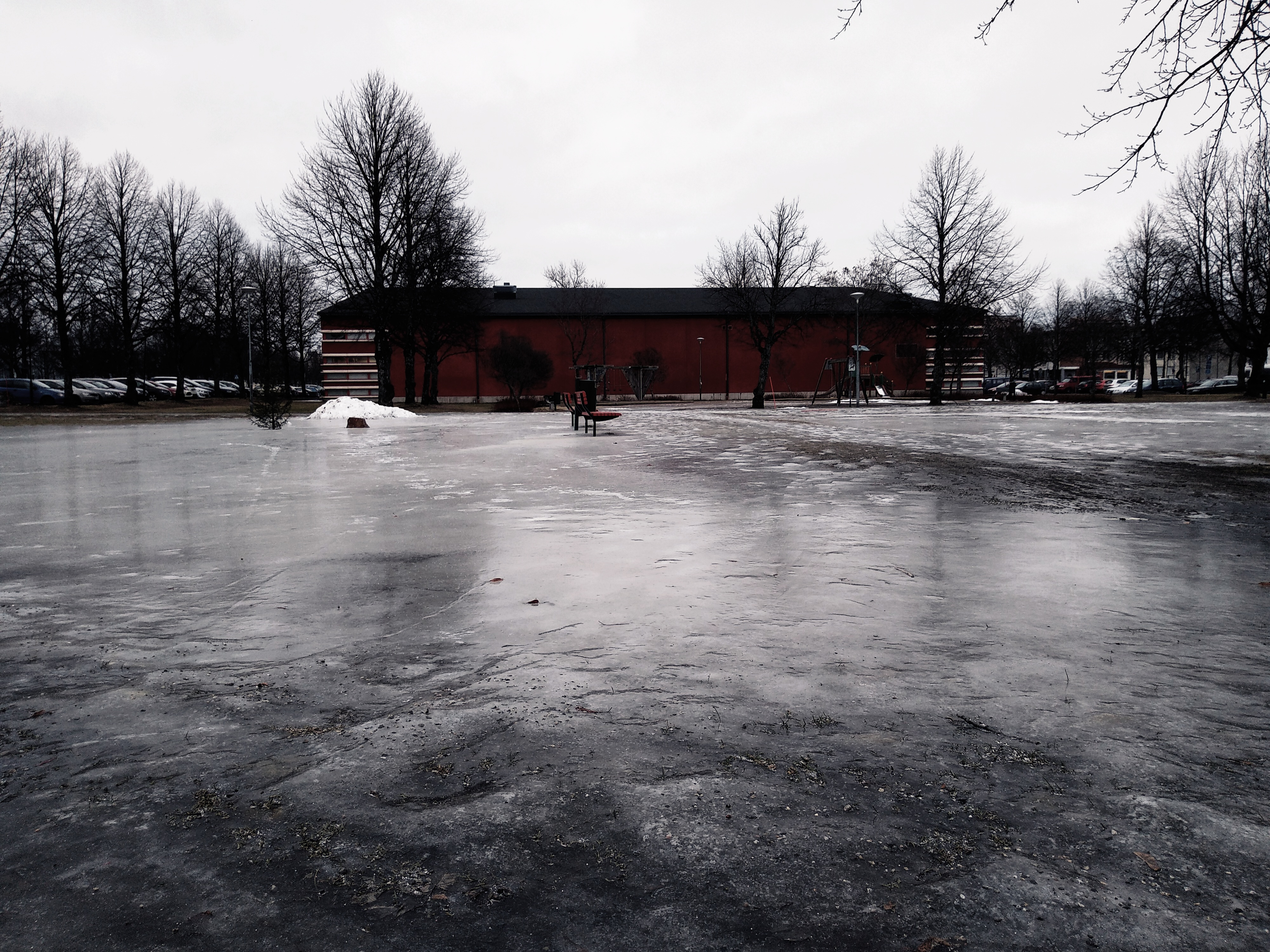 A public park in Joensuu, Finland, covered by ice